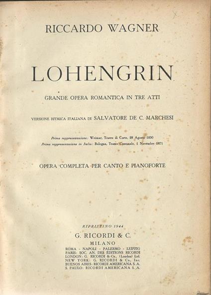 Lohengrin. Grande opera romantica in tre atti - Richard Wagner - copertina