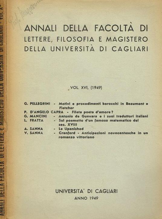 Annali Della Facoltà Di Lettere, Filosofia E Magistero Della Università Di Cagliari Vol.Xvi - copertina