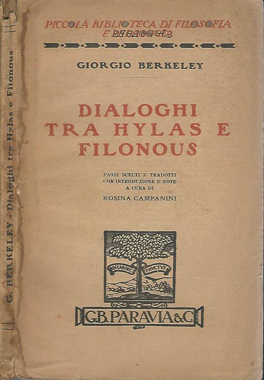 Dialoghi tra Hylas e Filonous. Passi scelti e tradotti - George Berkeley - copertina