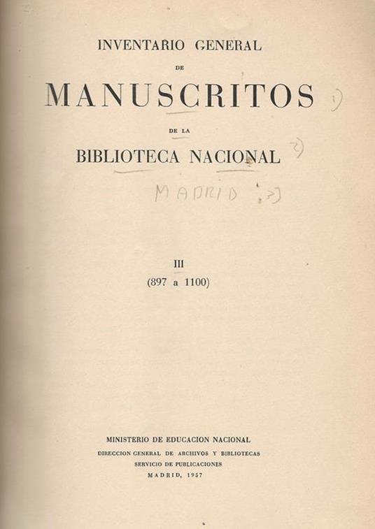 Inventario General de manuscritos de la Biblioteca Nacional III. (897 - 1100) - copertina
