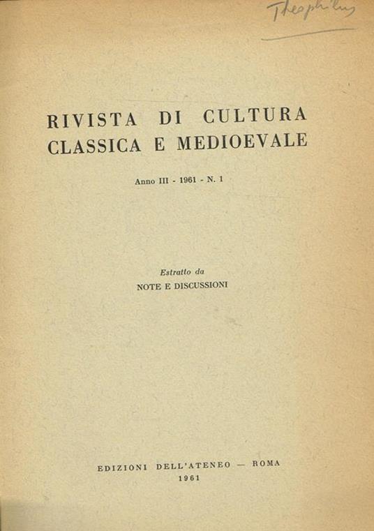 Rivista Di Cultura Classica E Medioevale Anno Iii 1961 N.1. Estratto Da Note E Discussioni - copertina