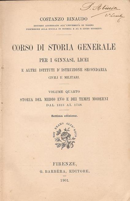 Corso di Storia Generale. per i ginnasi, licei e altri istituti d’istruzione secondaria civili e militari - Costanzo Rinaudo - copertina