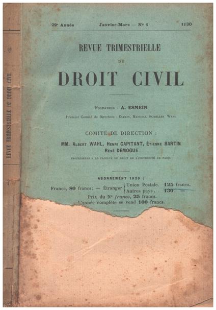 Revue Trimestrielle De Droit Civil 29°Annee N.1 - copertina