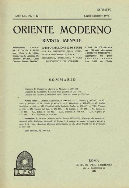 Oriente Moderno Anno Lvi N.7-12 Estratto. Rivista Mensile D'Informazione E Di Studi Per La Diffusione Della Conoscenza Dell'Oriente Sopra Tutto Musulmano - copertina
