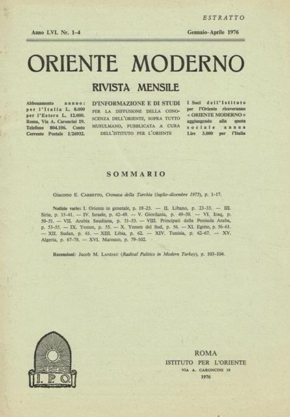 Oriente Moderno Anno Lvi N.1-4 Estratto. Rivista Mensile D'Informazione E Di Studi Per La Diffusione Della Conoscenza Dell'Oriente Sopra Tutto Musulmano - copertina