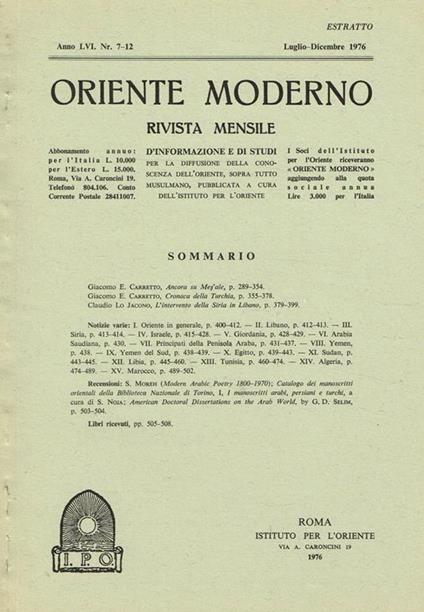 Oriente Moderno Anno Lvi N.7-12 Estratto. Rivista Mensile D'Informazione E Di Studi Per La Diffusione Della Conoscenza Dell'Oriente Sopra Tutto Musulmano - copertina