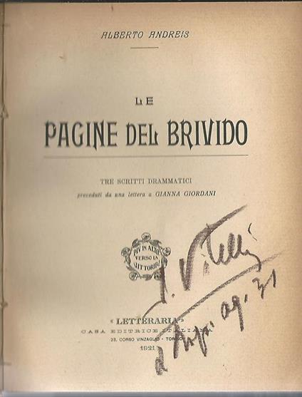 Le pagine del brivido. Tre scritti drammatici - Alberto Andreis - copertina