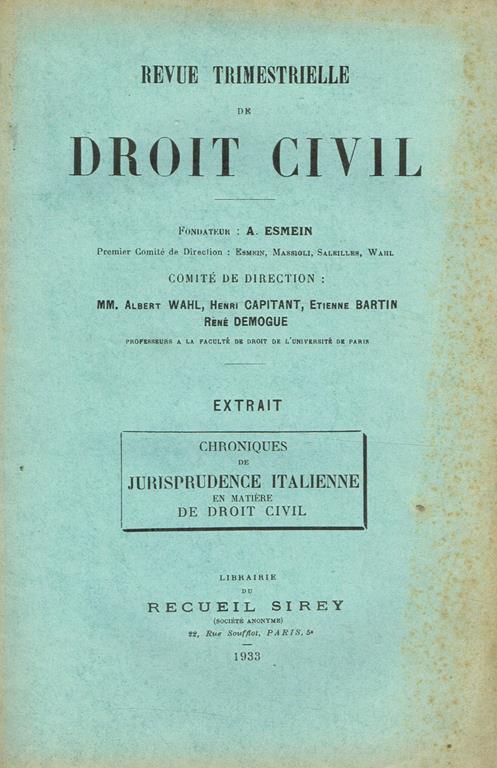 Revue Trimestrielle De Droit Civil. Extrait Chronique De Jurisprudence Italienne En Matiere De Droit Civil - Adhemar Esmein - copertina