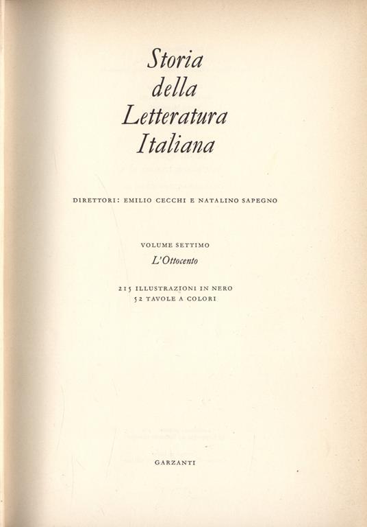 Storia della letteratura italiana Vol. VII. L' Ottocento - copertina