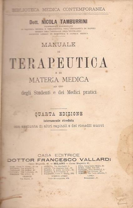 Manuale di terapeutica. e di materia medica - Nicola Tamburrini - copertina