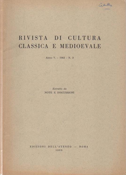 Rivista di Cultura Classica e Medioevale. Estratto da Note e Discussioni - copertina