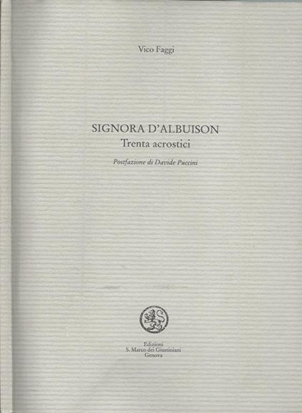 Signora d'Albuison. Trenta acrostici - Vico Faggi - copertina
