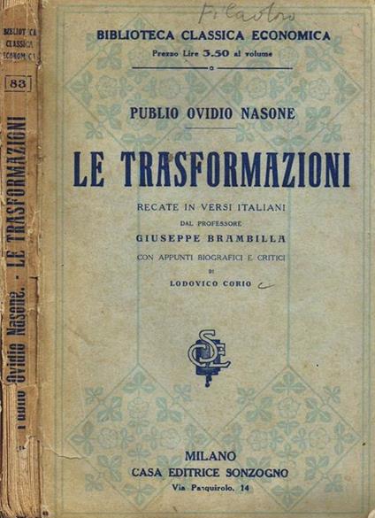 Le Trasformazioni Recate in Versi Italiani dal Professore Giuseppe Brambilla - P. Nasone Ovidio - copertina
