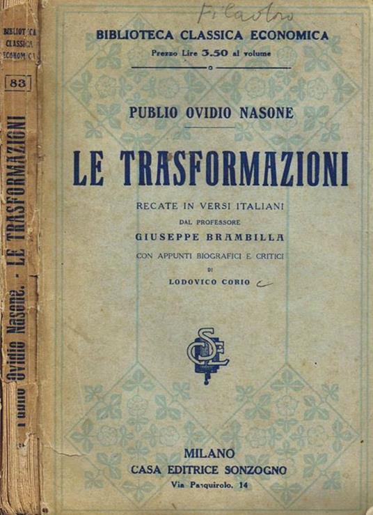Le Trasformazioni Recate in Versi Italiani dal Professore Giuseppe Brambilla - P. Nasone Ovidio - copertina