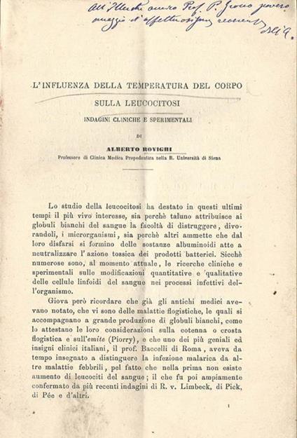 L' influenza della temperatura del corpo sulla leucocitosi. Indagini cliniche e sperimentali - Alberto Rovighi - copertina