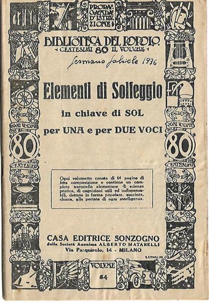 Elementi di solfeggio. in chiave di sol per una e per due voci - copertina
