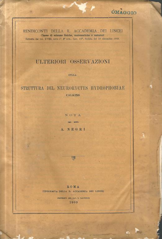 Ulteriori osservazioni sulla struttura del Neuroryctes hydrophobiae Calkins - A. Negri - copertina