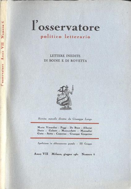 L' osservatore Anno VII n. 6. Politico letterario - copertina