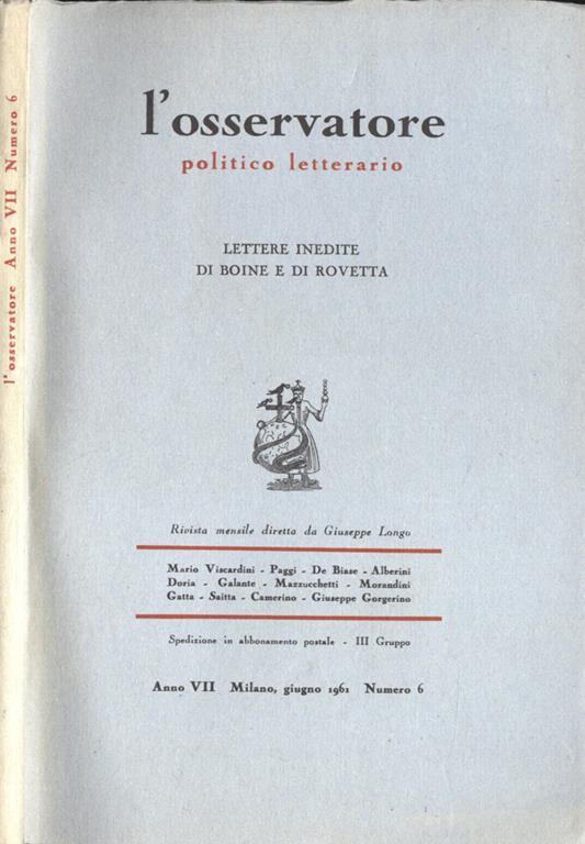 L' osservatore Anno VII n. 6. Politico letterario - copertina
