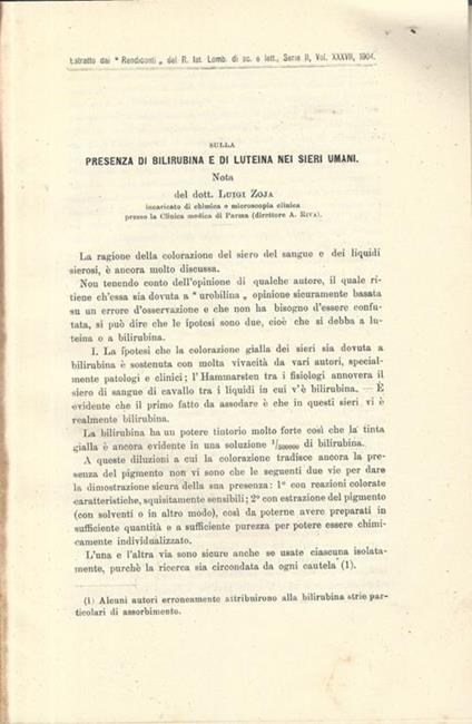 Sulla presenza di bilirubina e di luteina nei sieri umani. Nota - Luigi Zoja - copertina