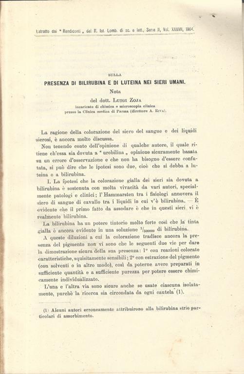 Sulla presenza di bilirubina e di luteina nei sieri umani. Nota - Luigi Zoja - copertina