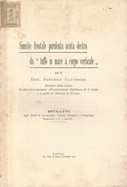 Sinusite frontale purulenta acuta destra da "tuffo in mare a corpo verticale" - copertina