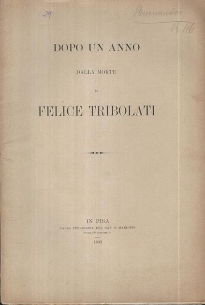 Dopo un anno dalla morte di Felice Tribolati - copertina
