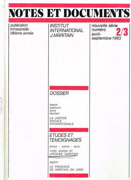 Notes et documents Institut International J.Maritain. Publication trimestrielle anno VIII n.2/3 - copertina