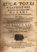Lucae Tozzi In librum Artis Medicinalis Galeni. universa medicina, etiam chirurgica, in suos canones distribuita, & juxtà veterum, ac recentiorum inventa, quàm dilucidè enucleata continetur. Huic adjectum est practicum opusculum De recto usu sex