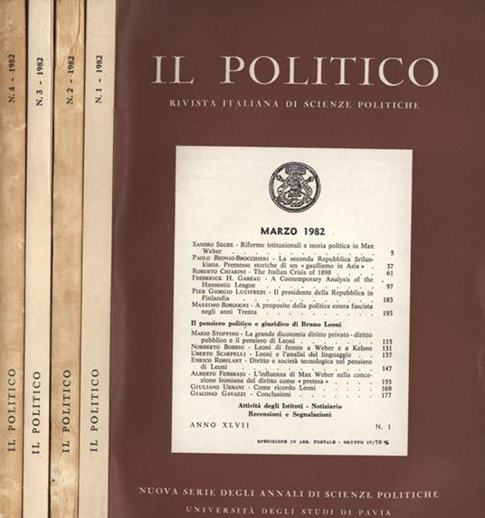 Il politico Anno 1982 n. 1 - 2 - 3 - 4. Rivista italiana di scienze politiche - copertina