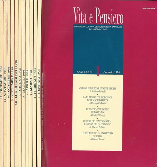 Vita e Pensiero Anno LXXXI-Annata competa. Mensile di cultura dell'Università Cattolica del Sacro Cuore - Adriano Bausola - copertina