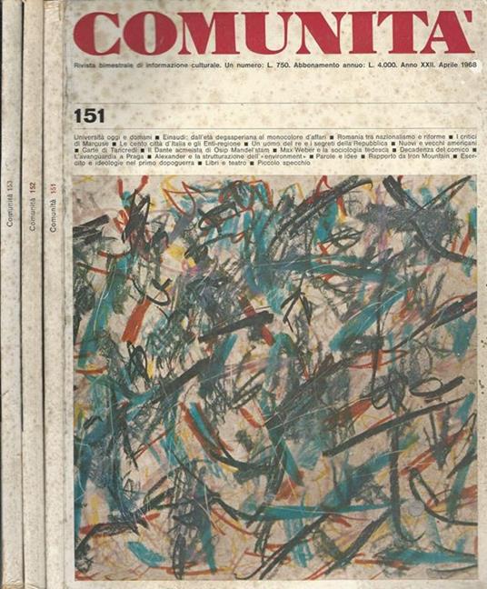 Comunità Anno 1968-N° 151, 152, 153. Rivista bimestrale di informazione culturale - Renzo Zorzi - copertina