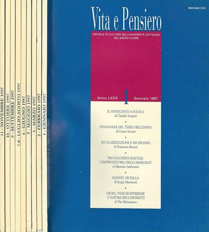 Vita e Pensiero Anno LXXX-1, 2, 3, 5, 6, 7-8, 9, 10, 11, 12. Mensile di cultura dell'Università Cattolica del Sacro Cuore - Adriano Bausola - copertina