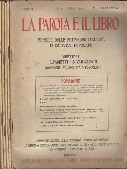 La Parola e il Libro. Anno VI. 1923 - copertina