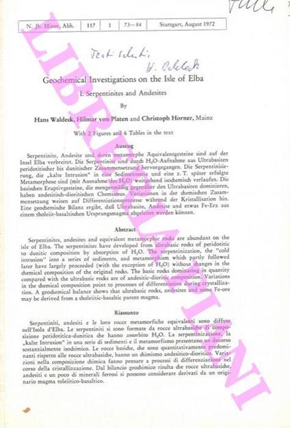 Geochemical Investigations on the Isle of Elba. I. Sepentinites and Andesites. II. Age Dating of Central and Western Elba Granites. A Comparison - Hans Waldeck - copertina