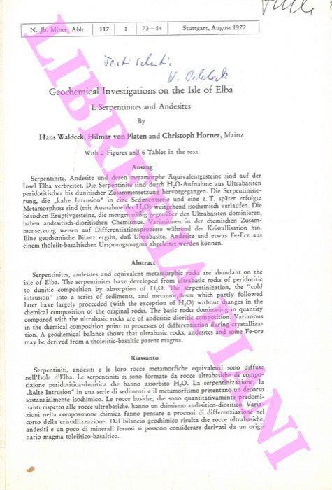 Geochemical Investigations on the Isle of Elba. I. Sepentinites and Andesites. II. Age Dating of Central and Western Elba Granites. A Comparison - Hans Waldeck - copertina