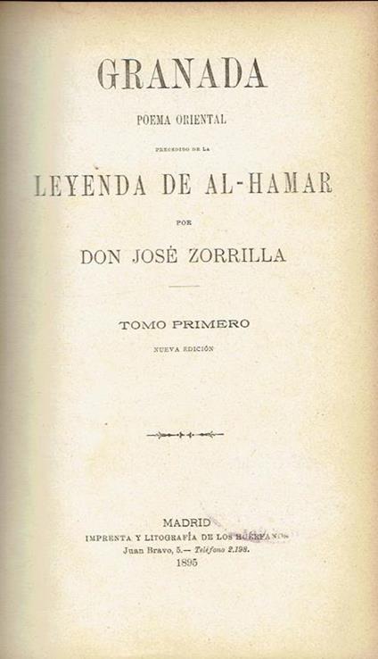 Granada: poema oriental precedido de la Leyenda de AL-Hamar - José Zorrilla - copertina