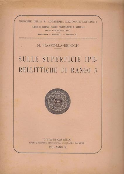 Sulle superficie iperellittiche di rango 3 : memoria - Margherita Piazzolla-Beloch - copertina