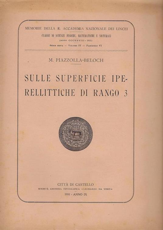 Sulle superficie iperellittiche di rango 3 : memoria - Margherita Piazzolla-Beloch - copertina
