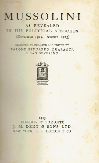 Mussolini as revealed in his political speeches (November 1914-August 1923) - copertina