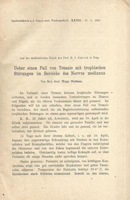 Ueber einem Fall von Tetanie mit trophischen Storungen im Bereiche des Nervus medianus - copertina