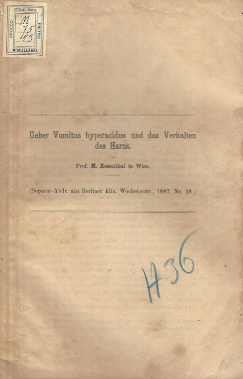 Ueber Vomitus hyperacidus und das Verhalten des Harns - copertina