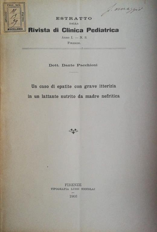 Un caso di epatite con grave itterizia in un lattante nutrito da madre nefritica - copertina