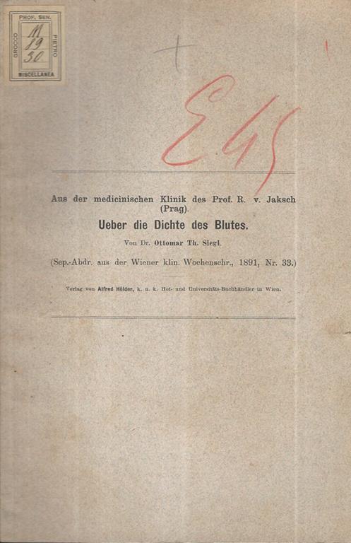 Ueber die Dichte des Blutes. Wiener Klin. Wochenschr, 1891, Nr. 33 - copertina