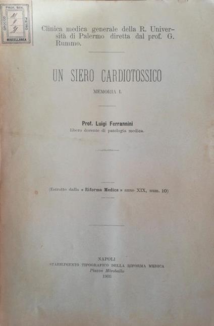 Un siero cardiotossico. Memoria I - copertina