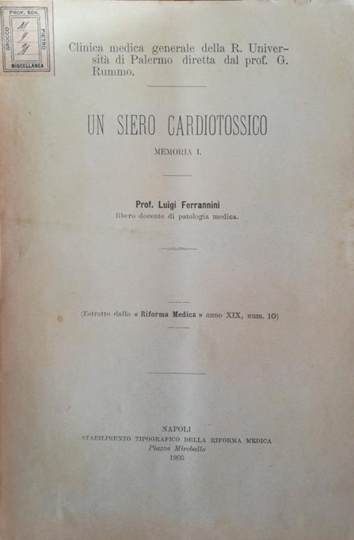 Un siero cardiotossico. Memoria I - copertina