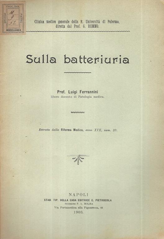 Sulla Batteriuria. Estratto dalla Riforma Medica Anno XIX, num. 23 - Luigi Ferrannini - copertina