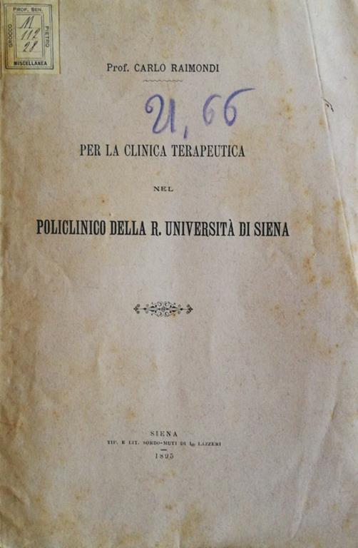 Per la clinica terapeutica nel policlinico della R. Università di Siena. Lettera aperta - copertina