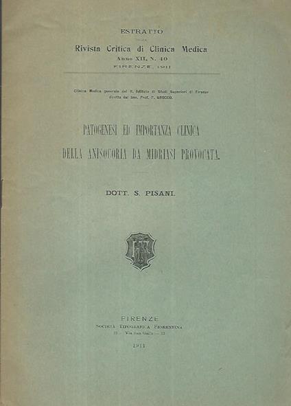 Patogenesi ed importanza clinica della anisocoria da midriasi provocata - copertina