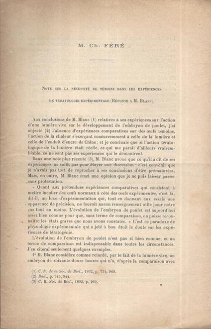 Note sur la nécessité de témoins dans les Expériences de Tératologie Expérimentale (Réponse à M. Blanc( - copertina